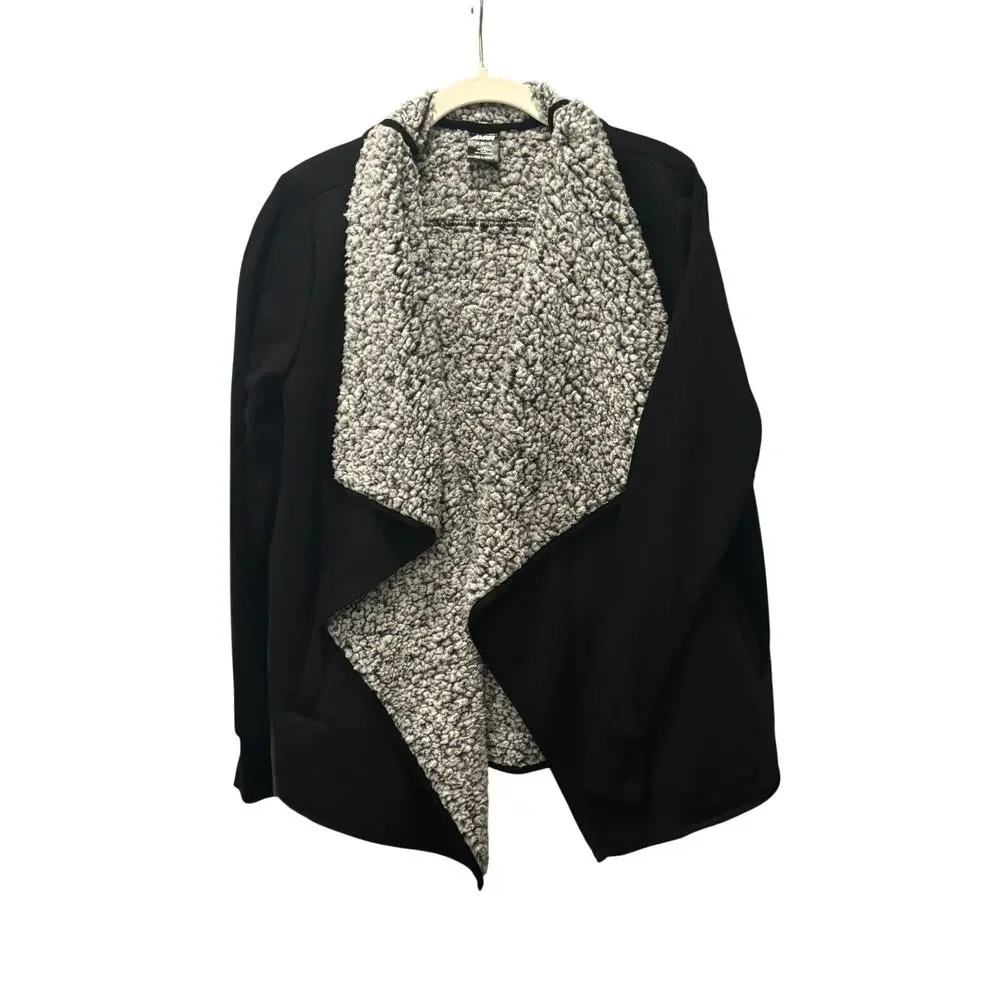 AVIA Sherpa Lined Open Front Jacket Women’s M Black Cozy Athleisure - Picture 3 of 6